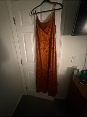Lulu's Rust Orange Satin Slip Maxi Dress